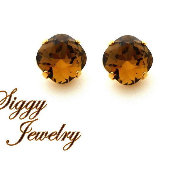 Smoked Topaz Cushion Cut Solitaire Stud Crystal Earrings, in 10mm Gold Finish - Picture 1 of 5